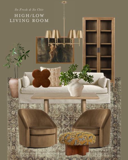 Moody high-low living room decor. Some items are on sale like the cabinet which is over $600 off! 
-
Transitional living room decor - dark neutral living room - velvet arm chairs - offwhite sofa - clover throw pillow - textured throw pillow - gold chandelier living room - faux tree living room 8’ - tiger print ottoman with wood base - glass door cabinet - display cabinet sale - textured vase - vintage printable downloadable digital art - affordable vintage art - moody portrait art - Loloi magnolia Sinclair rug pebble and taupe - wood coffee table - Burke decor - target - Amazon home - Etsy - Sarah Sherman Samuel Lulu and Georgia - crate and barrel sofa - joss and main lighting 

#LTKfindsunder100 #LTKsalealert #LTKhome