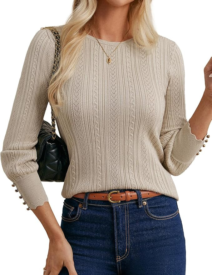 GRACE KARIN Women Long Sleeve Sweater Cable Knit Crewneck Sweater Lightweight Knit Pullover Tops ... | Amazon (US)