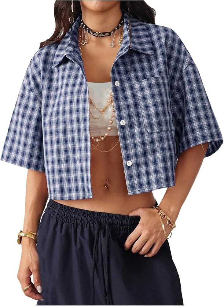 SOLY HUX Women's Button Down Vintage Plaid Shirts Short Sleeve Crop Blouses Preppy Clothes | Amazon (US)