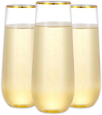 N9R 12 Pack Plastic Champagne Flutes, 9 Oz Stemless Disposable Gold Rim Toasting Glasses, Crystal... | Amazon (US)