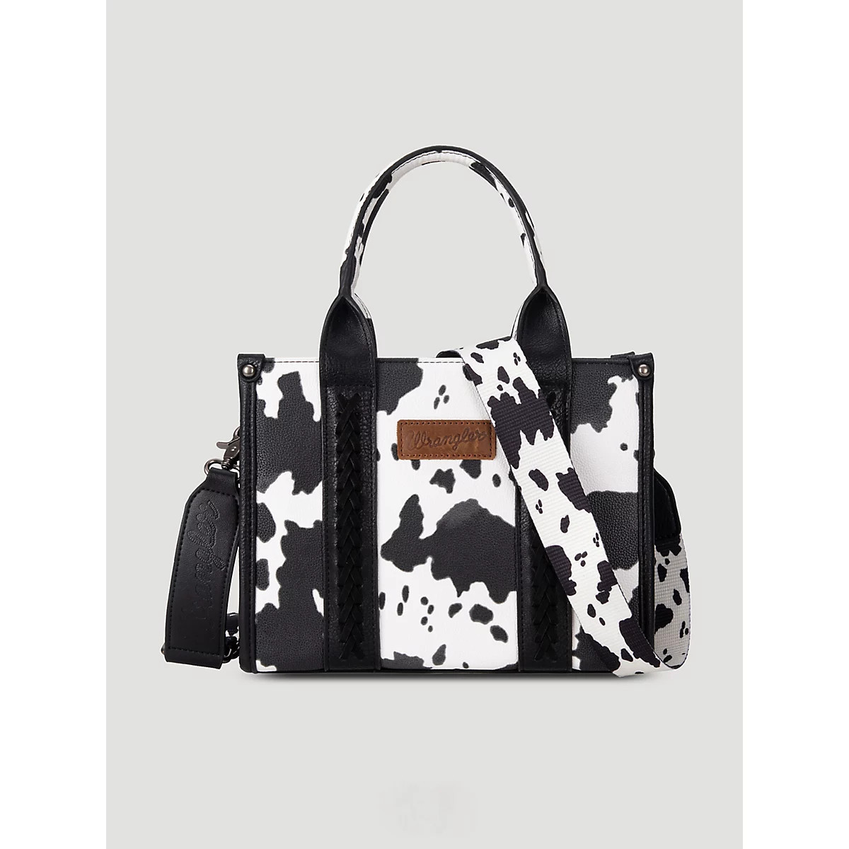 Allover Cow Print Cross Body Small Tote in Black/White | Wrangler