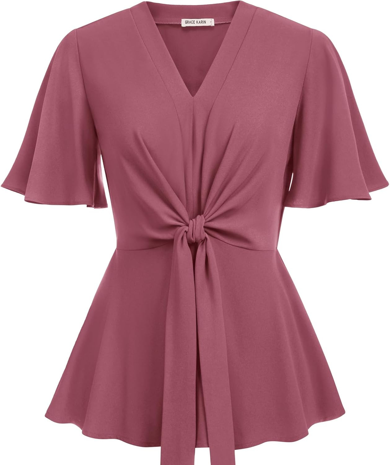GRACE KARIN Women's Elegant V-Neck Tie Waist Flowy Peplum Shirt Tops | Amazon (US)