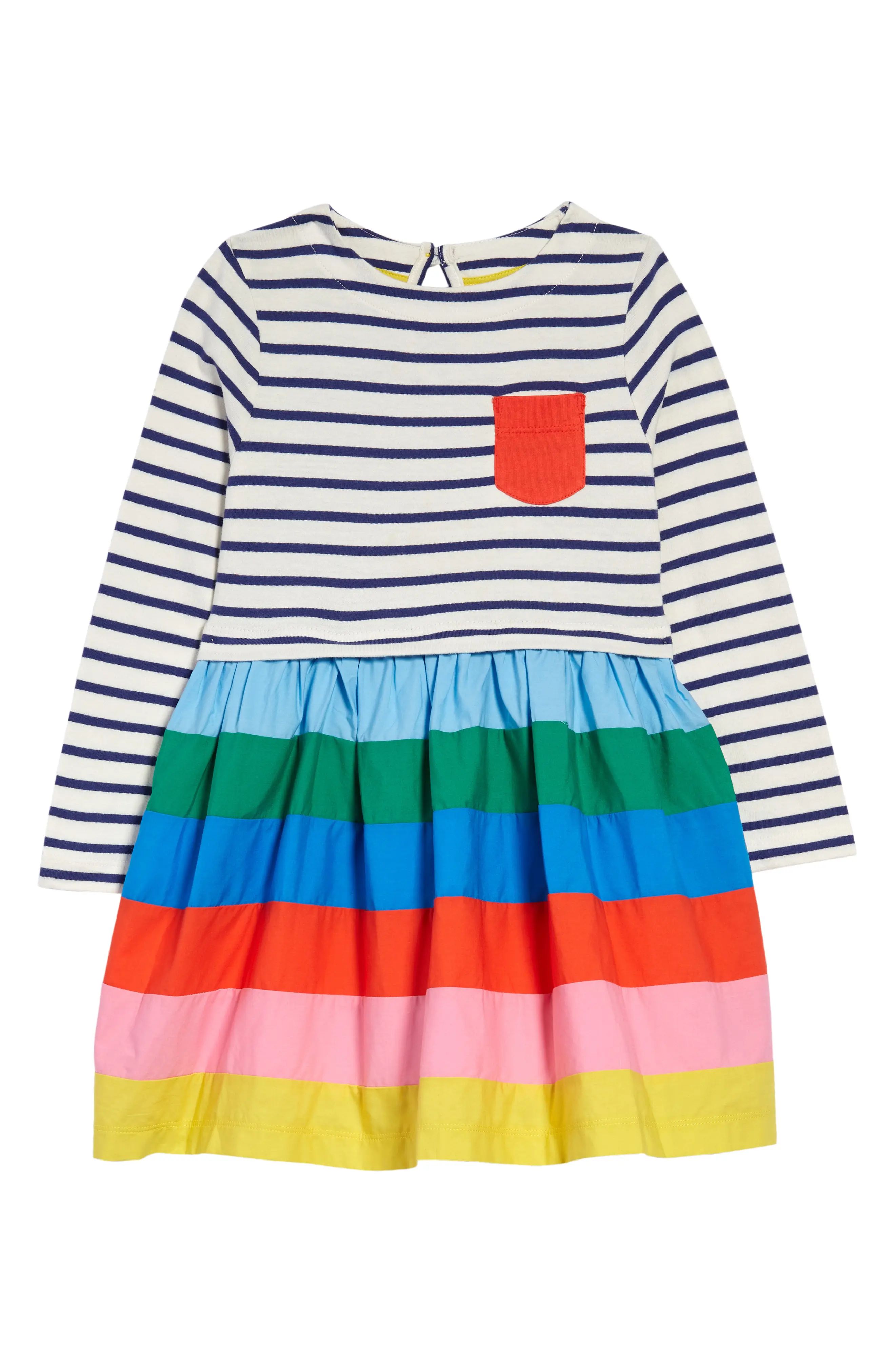 Mini Boden Kids' Hotchpotch Dress in Ivory/Starboard Blue Rainbow at Nordstrom, Size 2-3Y | Nordstrom