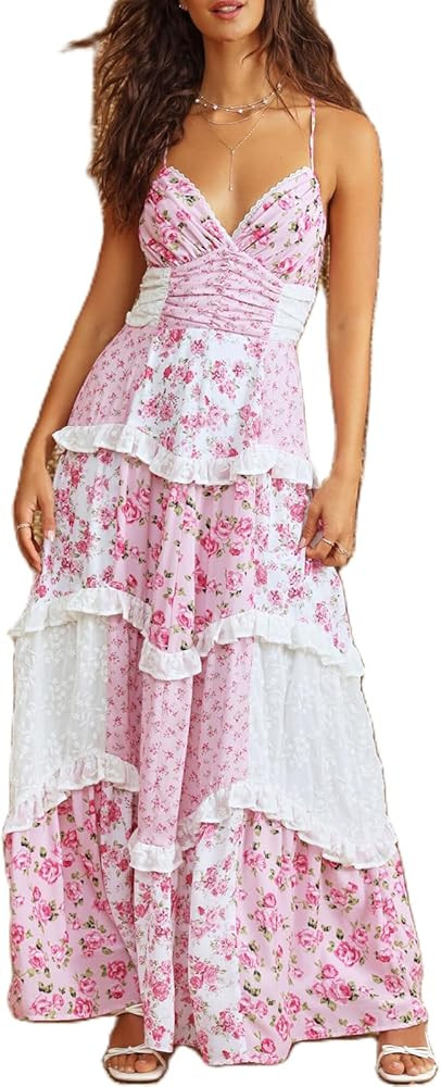Women Floral Flowy Maxi Dress Lace Patchwork Boho Y2K Long Dress Cute Spaghetti Strap V Neck Low ... | Amazon (US)