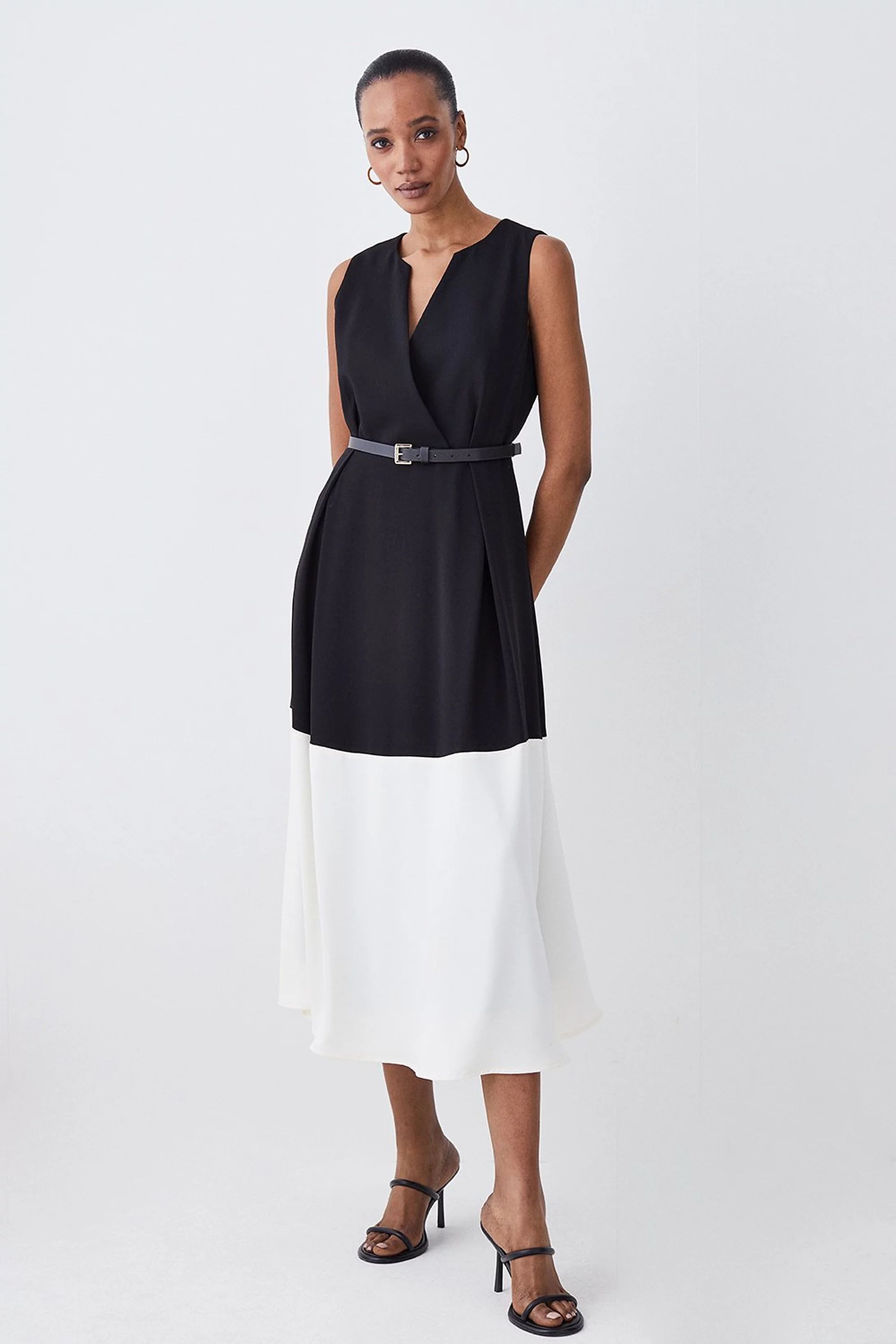 Soft Tailored Full Skirt Belted Color Block Midi Dress | Karen Millen US