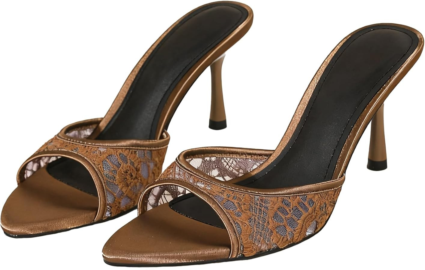 Women'S Lace Pointed Open Toe Stiletto Heel Slides Sandals Comfortable Mesh Hollow Out Slip On Se... | Amazon (US)