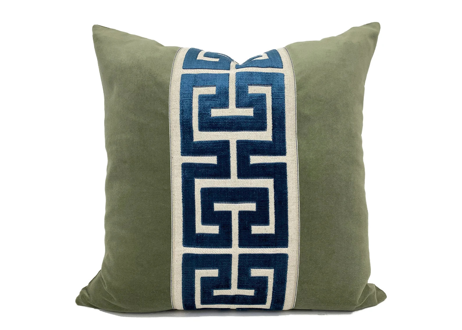Sage Green Velvet Pillow Cover with Large NAVY Greek Key Trim | Etsy (Global)
