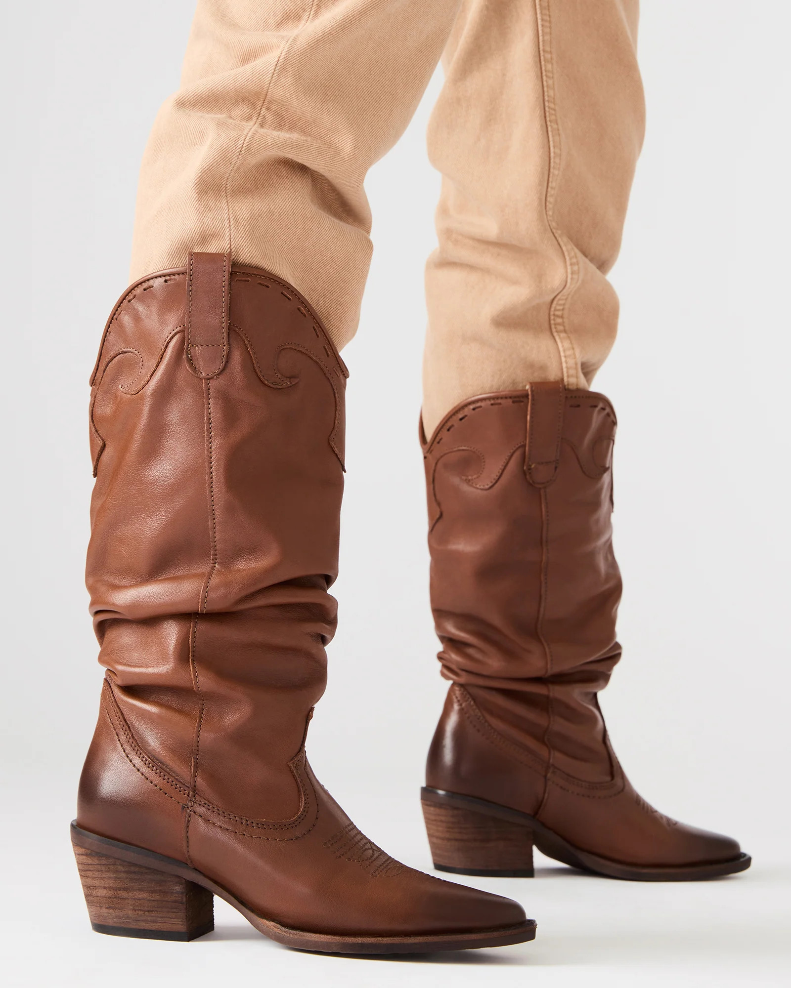 STAGE Cognac Leather Pointed-Toe Scrunched Western Women's Boot | Steve Madden (US)