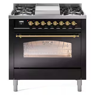 ILVE Nostalgie II 36 in. 6 Burner+Griddle Freestanding Dual Fuel Natural Gas Range in Glossy Blac... | The Home Depot