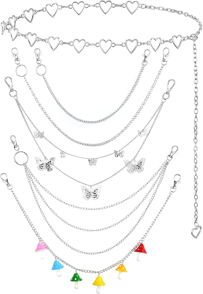 6 Pieces Chain Belt Jeans Pants Chain Goth Multi Layer Chains Heart Butterfly Lock Charm Waist Ch... | Amazon (US)