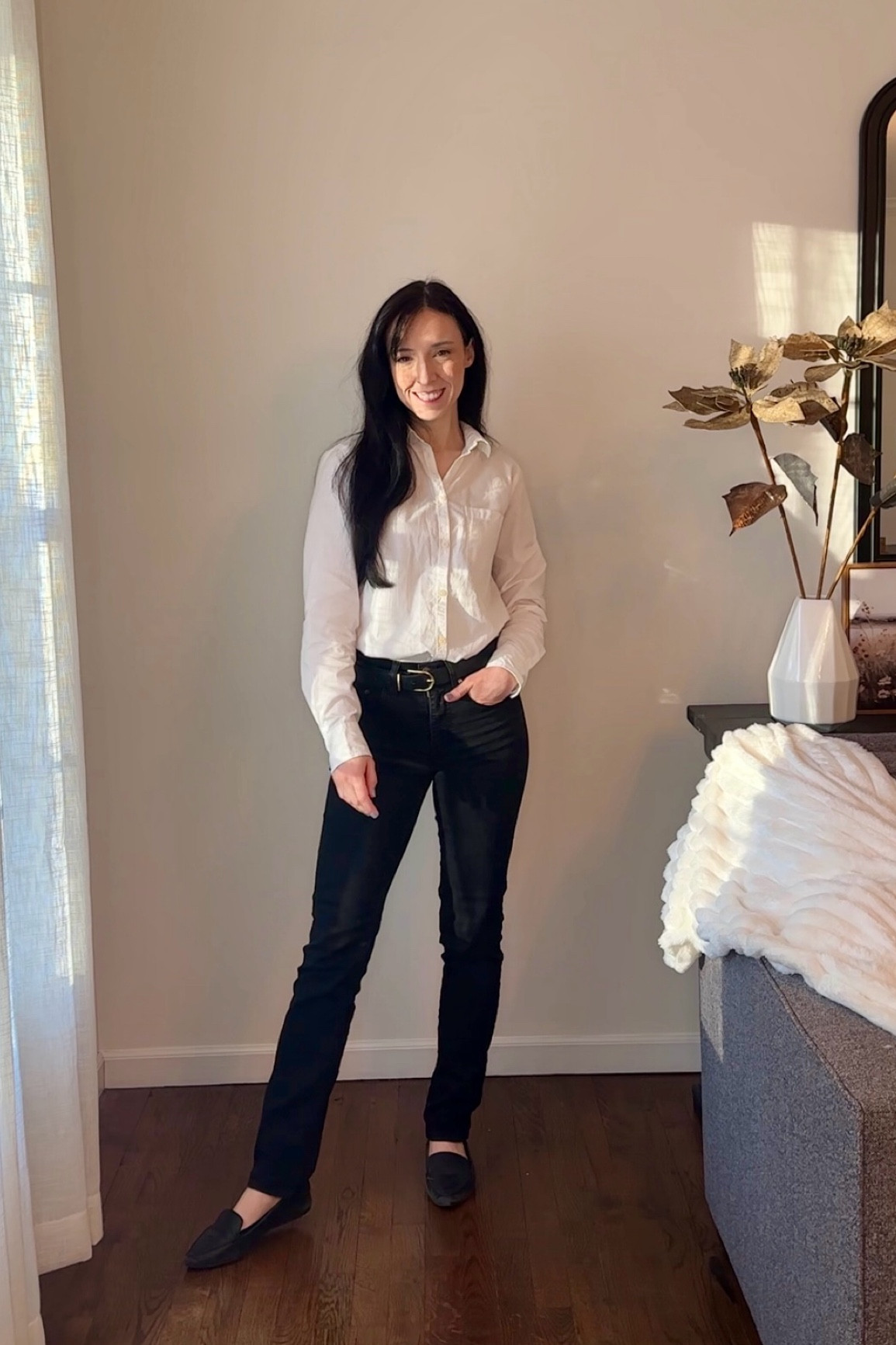 White button down size XS
Black jeans size 24
Black loafers size 6.5

Work outfit, black and white, casual, minimalist, millennial, workwear, Amazon, look for less 

#LTKFindsUnder50 #LTKWorkwear #LTKStyleTip