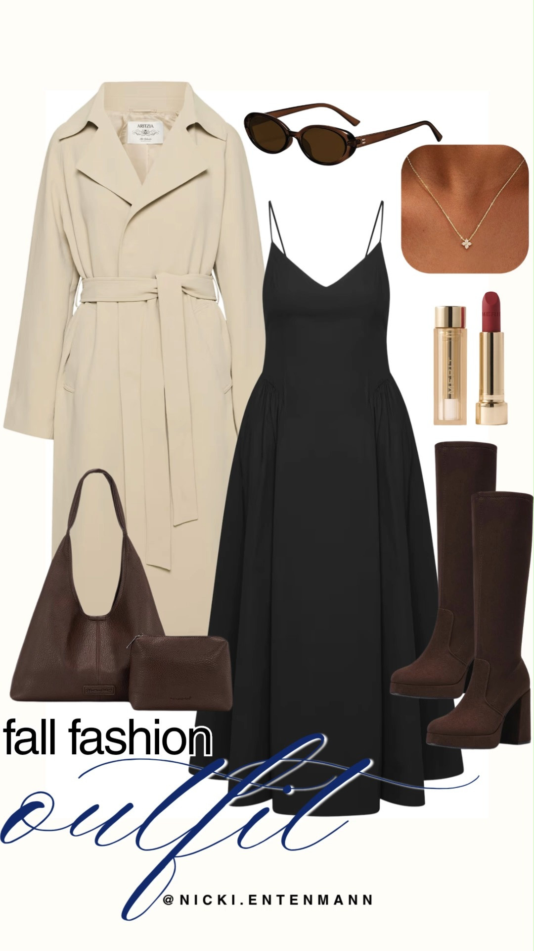 Step into the season with this timeless fall fashion outfit edit featuring elegant transitional layers. A classic long cream trench coat layers effortlessly over a flowing black cami midi dress for an instant touch of sophistication. Rich espresso suede knee-high boots, a matching brown shoulder tote, tortoise sunglasses, a delicate gold pendant, and Merit lipstick round out this preppy-casual look.

#fallfashion #falloutfit #streetstyle #chicstyle #outfitinspiration #preppycasual #everydayfashion 

 #LTKgrwm #LTKootd #LTKmomlife