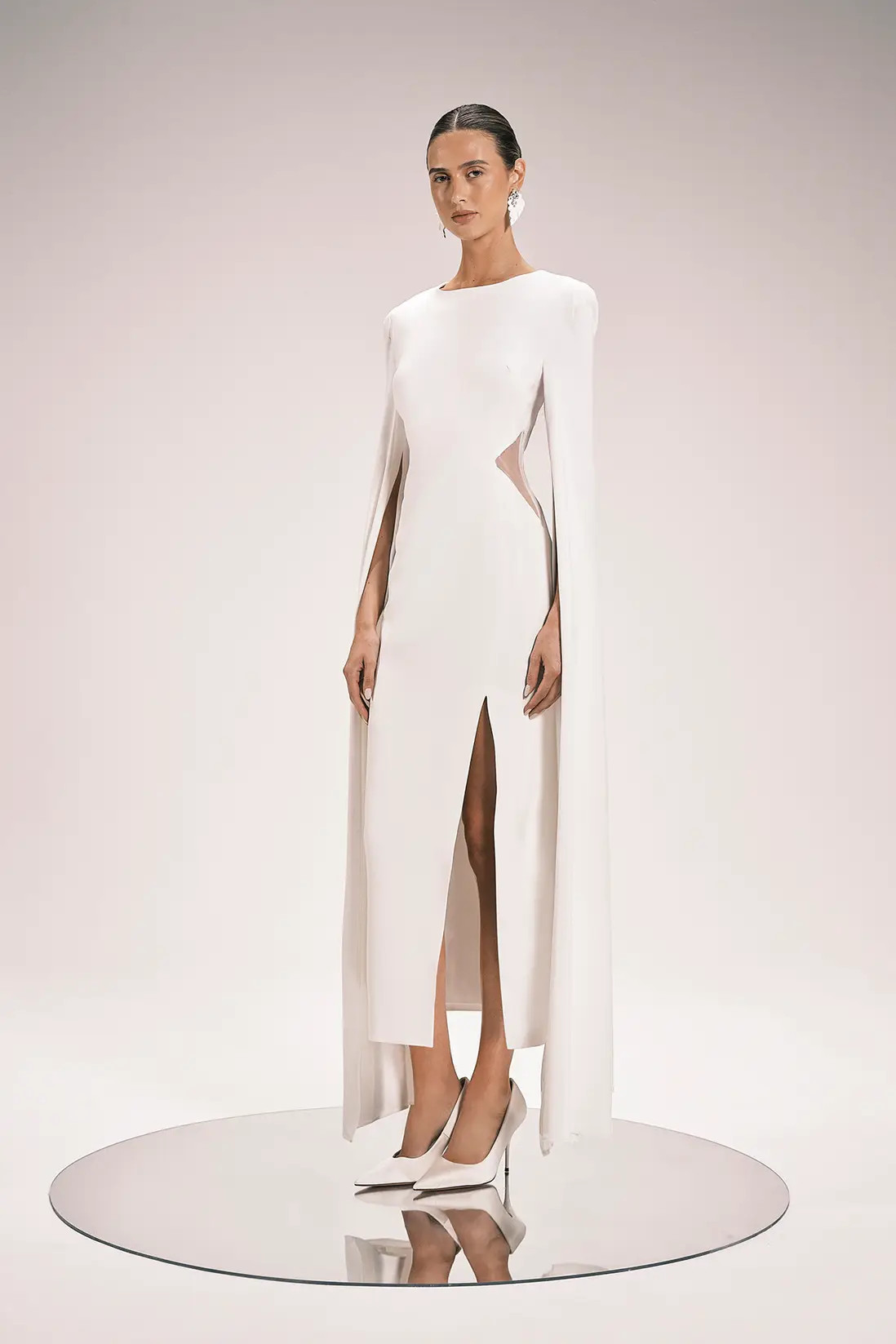 Tailored Compact Stretch Viscose Cape Mesh Panel Midi Dress | Karen Millen