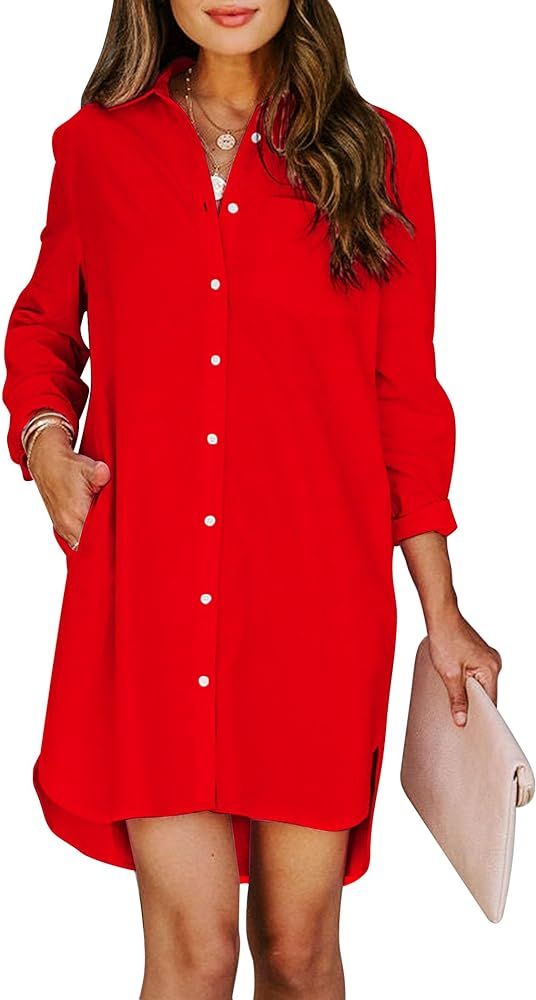 Womens Button Down Shirt Dresses with Pockets Cotton Button Up Tunics Long Sleeve Solid High Low ... | Amazon (US)