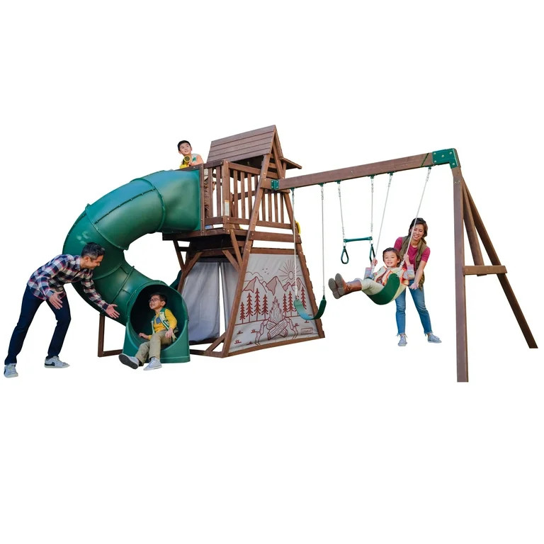 KidKraft Ranger Retreat Wooden Swing Set  / Playset with Tent, Tube Slide and 3 Swings | Walmart (US)