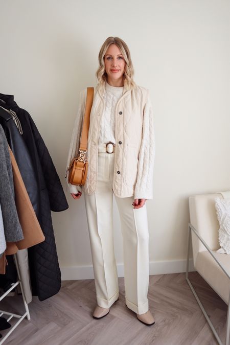 Winter whites - cream tonal look - quilted gilet - cable knit jumper and white wide leg trousers #winterwhites #whiteoutfit #neutrals #capsulewardrobe 

#LTKeurope #LTKstyletip #LTKSeasonal