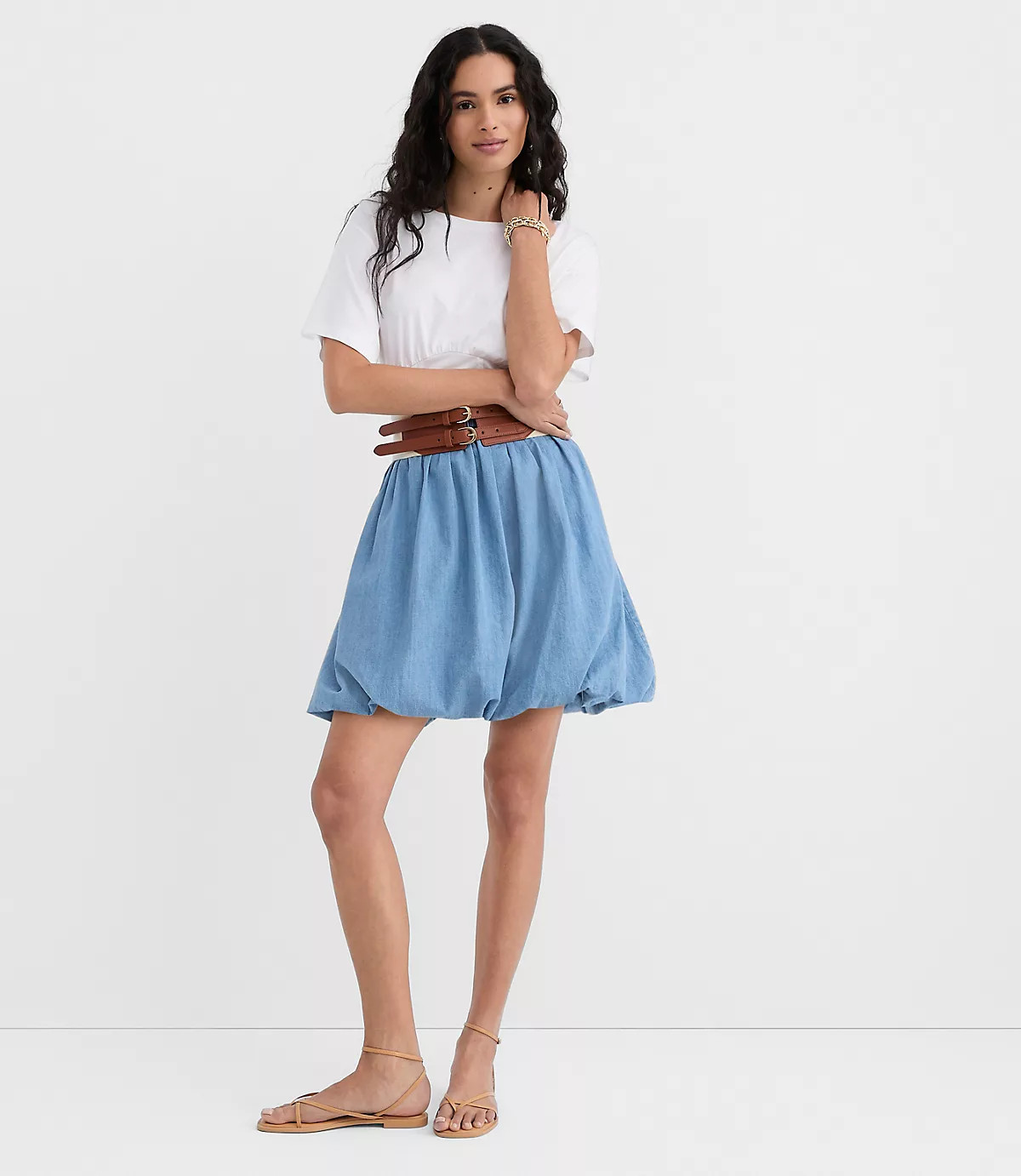 Chambray Ruched Bubble Mini Skirt | LOFT