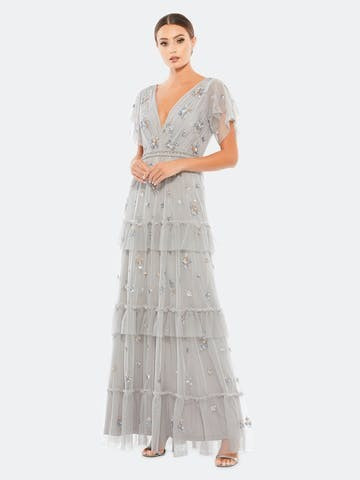 Ruffle Tiered Floral Embellished Detail Flutter Sleeve Gown | Verishop