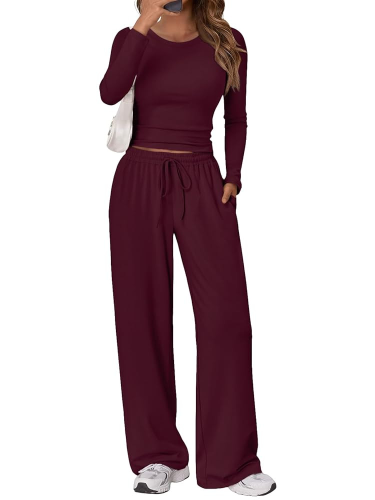 Trendy Queen Women's 2 Piece Matching Lounge Set Long Sleeve Slightly Crop Top Wide Leg Pants Cas... | Amazon (US)