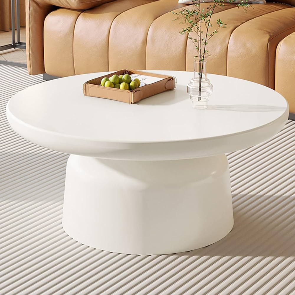 QEZEOM Cream White Round Coffee Table, Minimalist Unique Living Room Magazine Table, Mid-Century ... | Amazon (US)