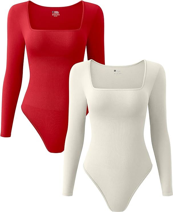 OQQ Women's 2 Piece Bodysuits Sexy Ribbed One Piece Square Neck Long Sleeve Bodysuits | Amazon (US)