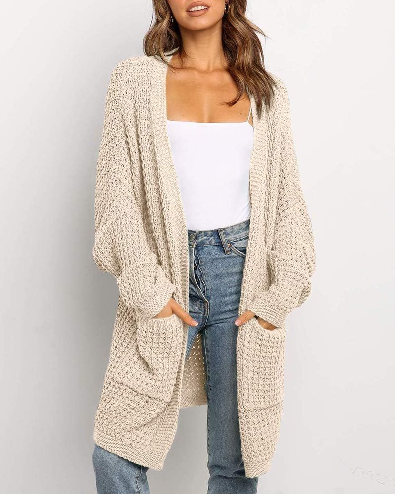 Imily Bela Womens Long Cardigan Sweaters Batwing Sleeve Open Front Waffle Knit Fall Sweater with Poc | Amazon (US)