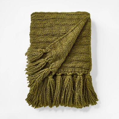 Raised Striped Chunky Knit Throw Blanket Green - Threshold™ designed with Studio McGee: Midweight, Tasseled, Machine Washable | Target