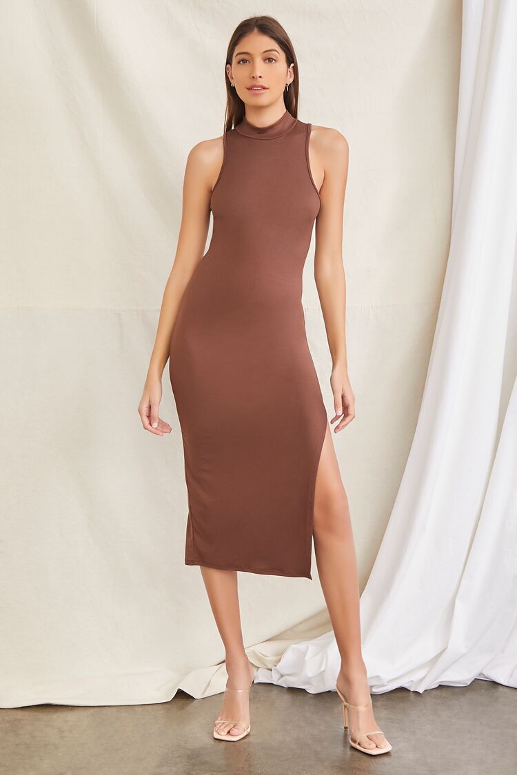 Women's Mock Neck Bodycon Midi Dress in Brown Medium | Forever 21 (US)