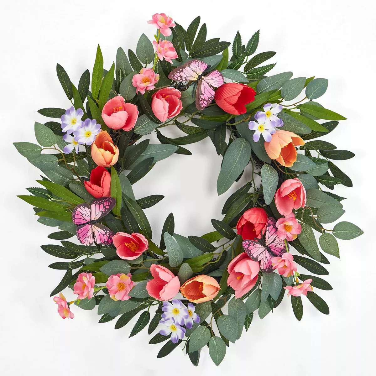 Tulip Spring Wreath 20 Inch for Front Door Colorful Blooms Eucalyptus Leaves Butterflies Summer I... | Target