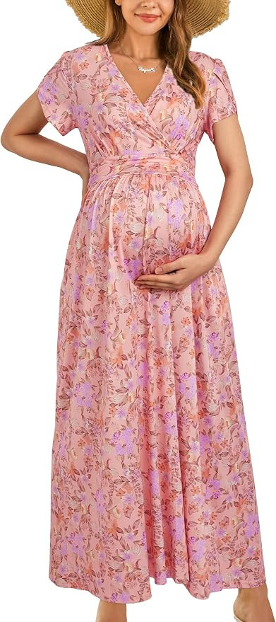 OUGES Maternity Maxi Dress Wrap V Neck Baby Shower Pregnancy Dresses for Photoshoot | Amazon (US)