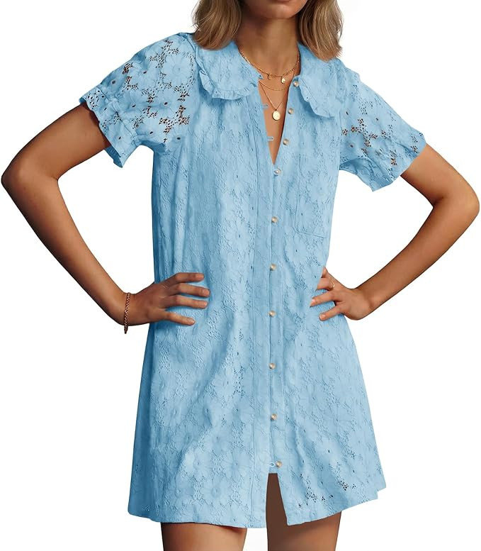 Wenrine Womens Summer Lace Mini Dress Casual Short Sleeve Peter Pan Collar Button Down Beach Vaca... | Amazon (US)
