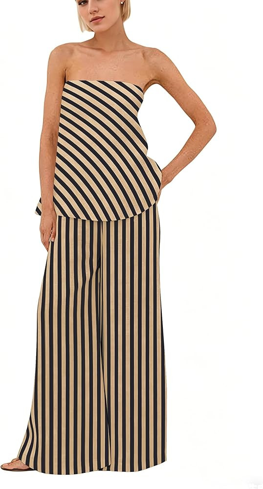 calbatic Women Polka Dot 2 Piece Outfits Spot Strapless Tube Top High Waist Wide Leg Pants Casual... | Amazon (US)