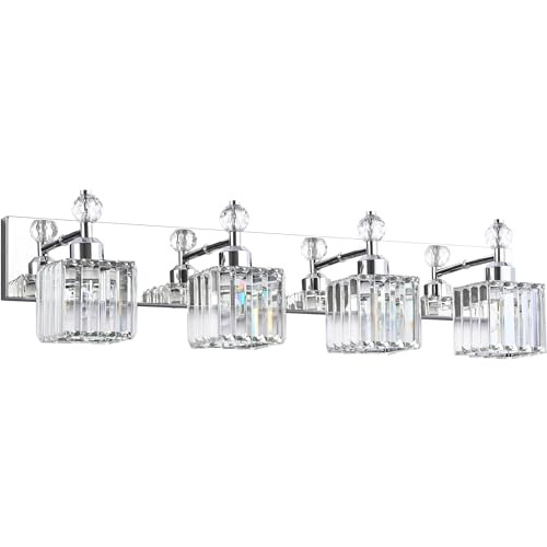PRESDE Bathroom Vanity Light Fixtures, Modern Crystal Chrome 4 Light Vanity Light Bathroom Light Fixtures Crystal Bathroom Lights Over Mirror Sconces Wall Lighting Base Vanity Lights for Bathroom | Amazon (US)