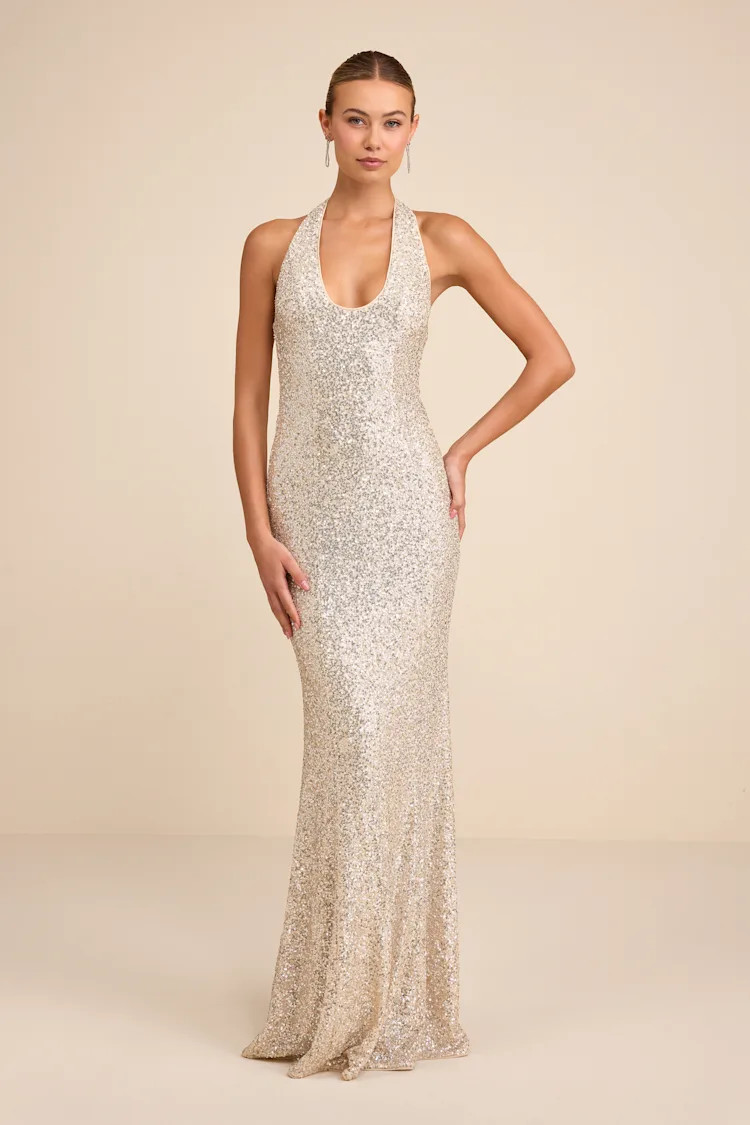 Velenia Champagne Sequin Halter Mermaid Maxi Dress | Lulus