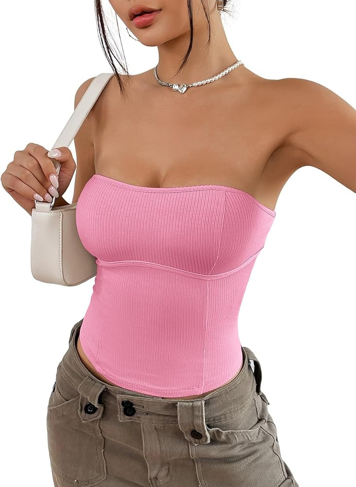 WDIRARA Women's Rib-Knit Tube Top Strapless Sleeveless Slim Casual Cup Detail Top | Amazon (US)