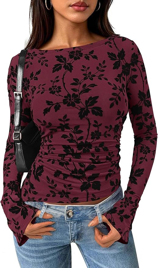 PRETTYGARDEN Women Long Sleeve Floral Mesh Tops Blouse 2026 Fall Trendy Boat Neck Ruched Spring S... | Amazon (US)