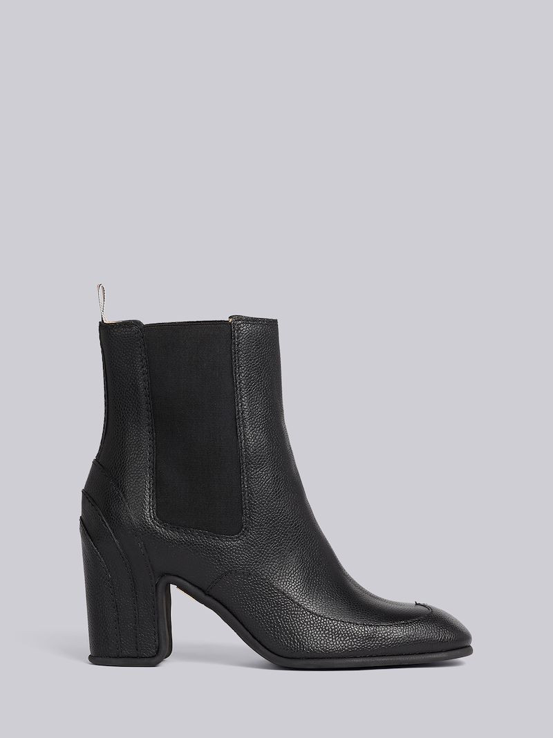 Black Pebble Grain Leather 75mm Block Heel Wingtip Galosh Ankle Bootie | Thom Browne (Global)