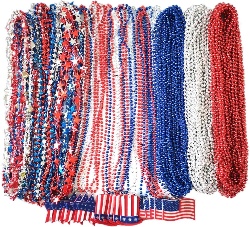 Dyhayaer 100 Pcs 4th of July Beads Bulk, Metallic Red Bule Silver Patriotic Star Bead Necklaces f... | Amazon (US)