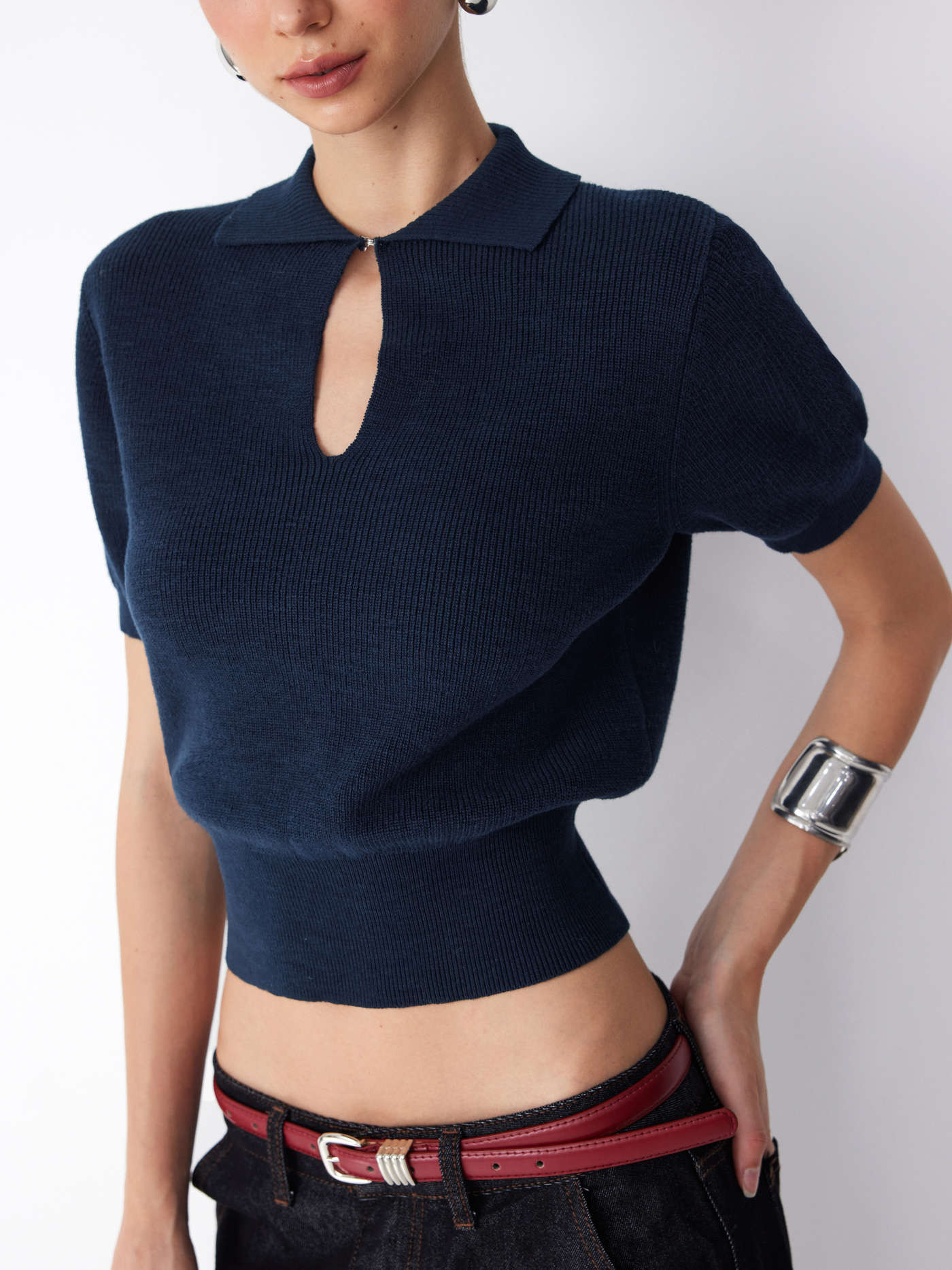 Knit Fabric Knit Cotton-blend Polo Neck Short Sleeve Cut Out Top For Daily Casual Work | Cider
