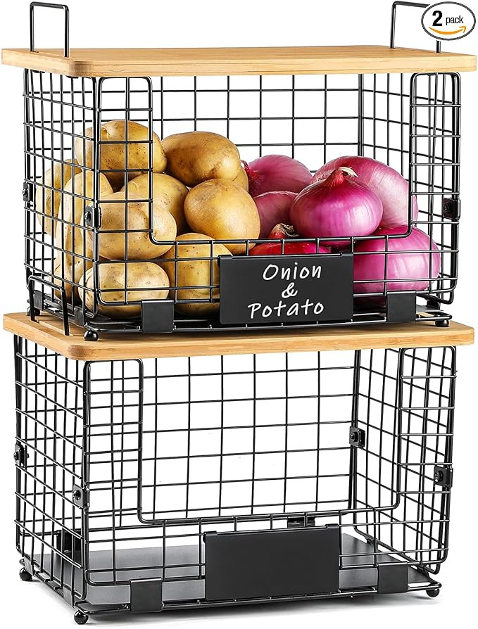 2 Set XL Stackable Wire Basket with Bamboo Tops & Tags- Pantry Organizer and Storage Bins, Kitche... | Amazon (US)