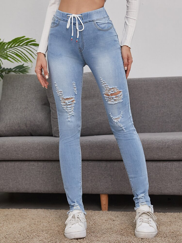 Drawstring Waist Raw Hem Ripped Jeans | SHEIN