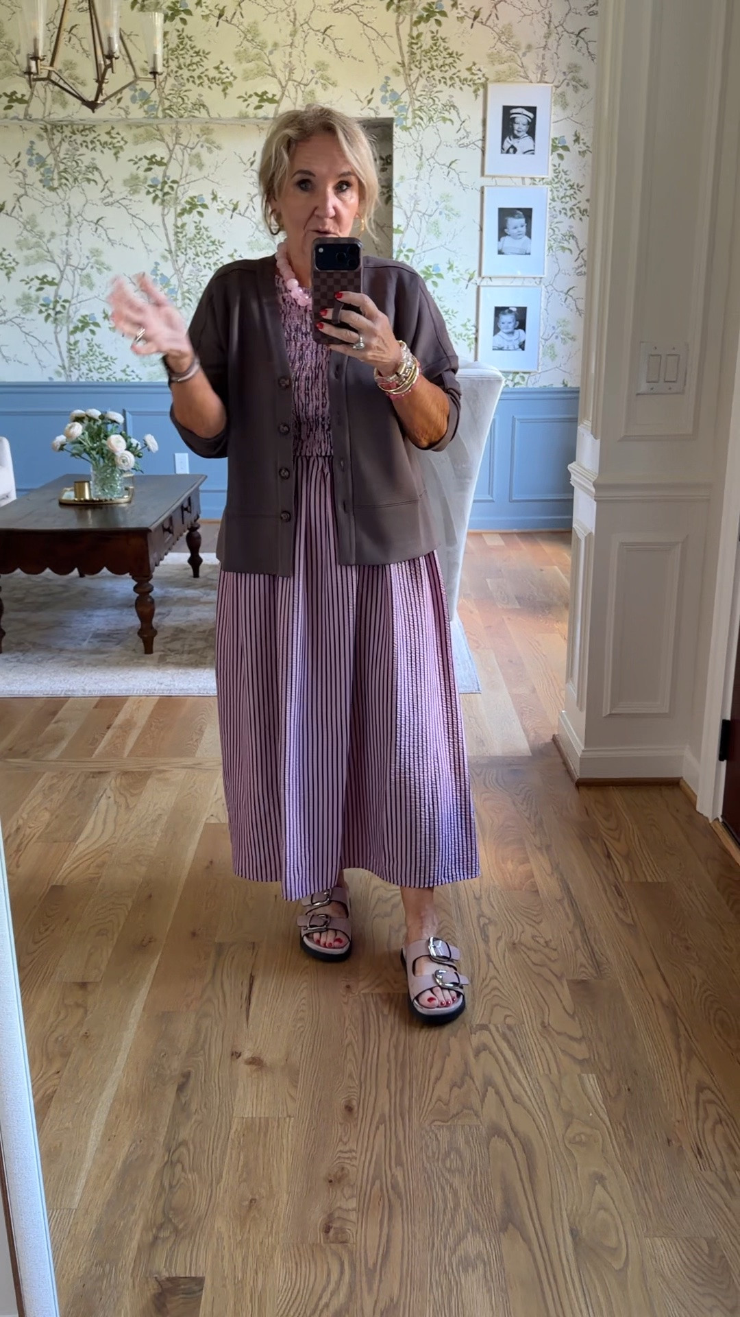 Anthropologie dress size medium. I neuter it to bring the dropper waist up a bit. 
Cardigan on sale! Size medium 
I’ll link similar slides as mine are limited. I thought they ran a bit big. 
20% off on my bracelets code NANETTE20

#LTKSaleAlert #LTKOver40 #LTKootd