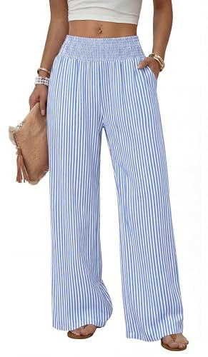 Sampeel Wide Leg Linen Pants Woman Palazzo Trousers for Women with Pockets Flowy Summer Beach Vacation Outfits Spring Cruise Travel Fashion Clothing Dressy Casual Lounge Resort Wear Blue Striped XS | Amazon (US)