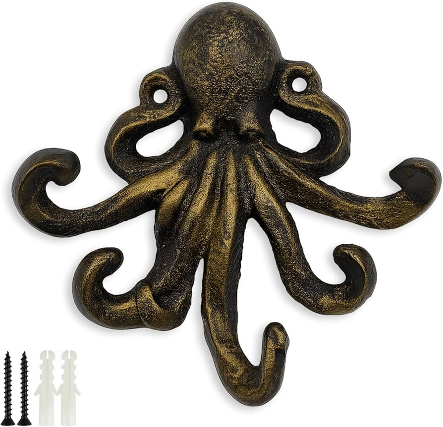 Octopus Cast Iron Wall Hook – Nautical Decorative Key Holder, Coastal Ocean Theme Animal Hook f... | Amazon (US)