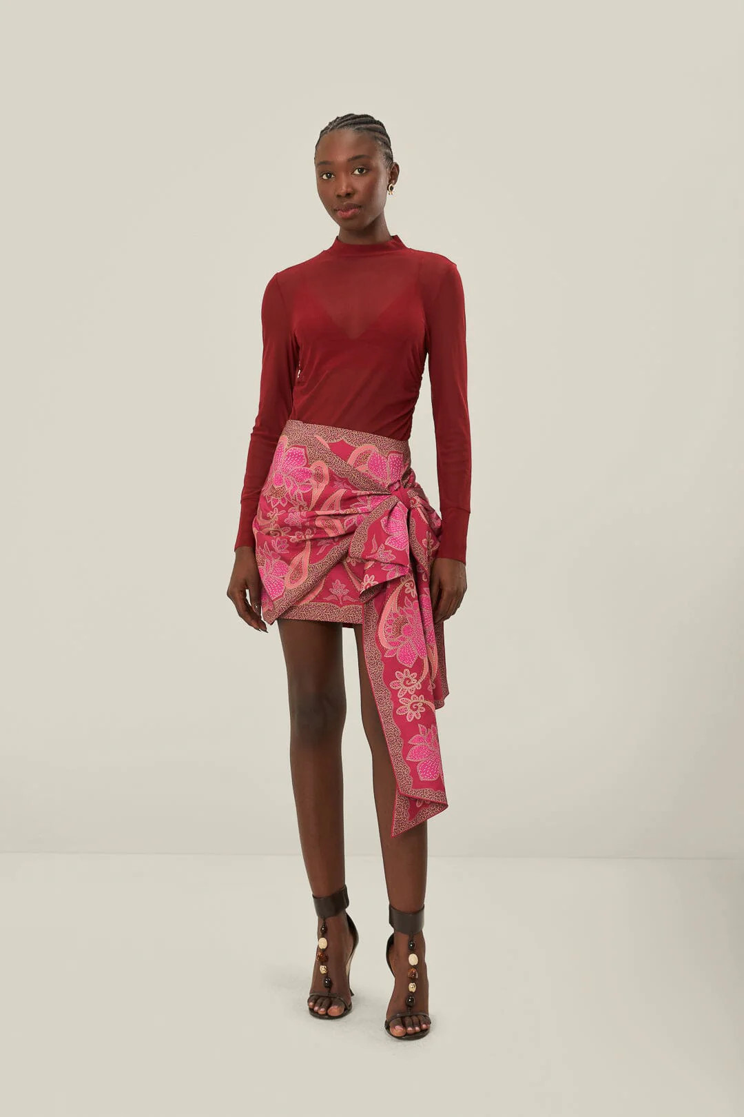 Red Floral Glam Scarf Tie Gathering Mini Skirt | FarmRio (US)