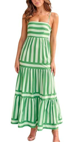 chouyatou Women Spaghetti Strap Back Smocked Maxi Striped Dress Summer Casual Floral Flowy Beach Sun Dress (Medium, Green) | Amazon (US)