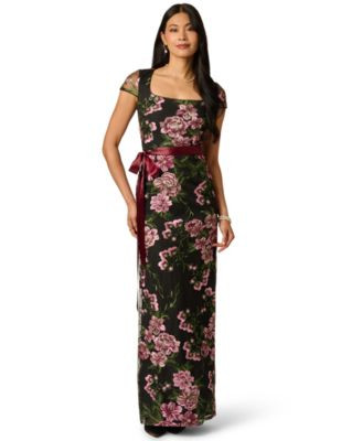 Adrianna Papell Women's Cascading Floral Column Square-Neck Gown - Black Multi | Macy's