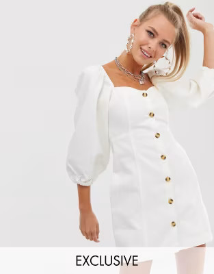 Reclaimed Vintage inspired denim button front mini dress with puff sleeve | ASOS US