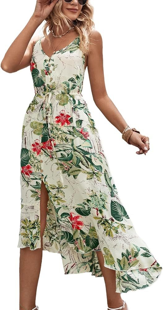 BROVAVE Women's 2026 Summer Casual Boho Sundress Polka Dot Spaghetti Strap V Neck Flowy Midi Dres... | Amazon (US)