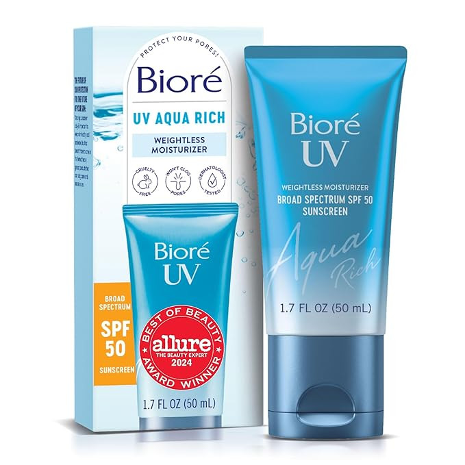 Bioré UV Aqua Rich Daily Hydrating Facial Moisturizer with SPF 50 | Oil Free Sunscreen & Primer ... | Amazon (US)